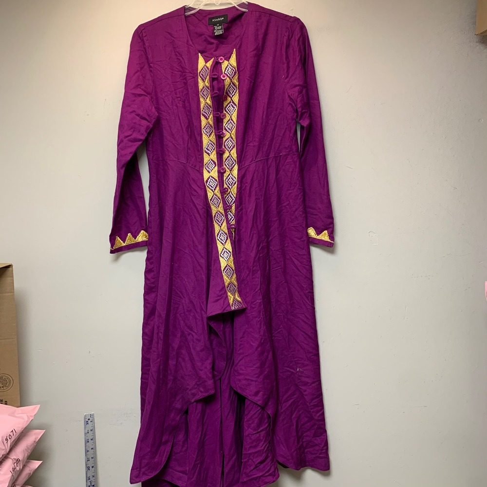 Ashro Maxi Dress Women 12 Purple Excellent High-Low Embroidered Long Sleeve